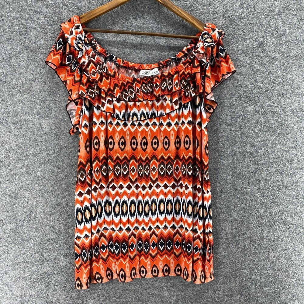 Cato Top Women 18/20W Plus Orange Striped Short Sleeve Round Neck Pullover